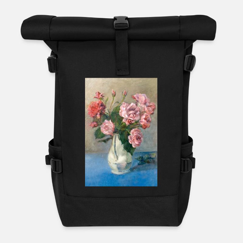 Peinture - Peinture avec des roses dans un vase. - Sac à dos roll top - noir