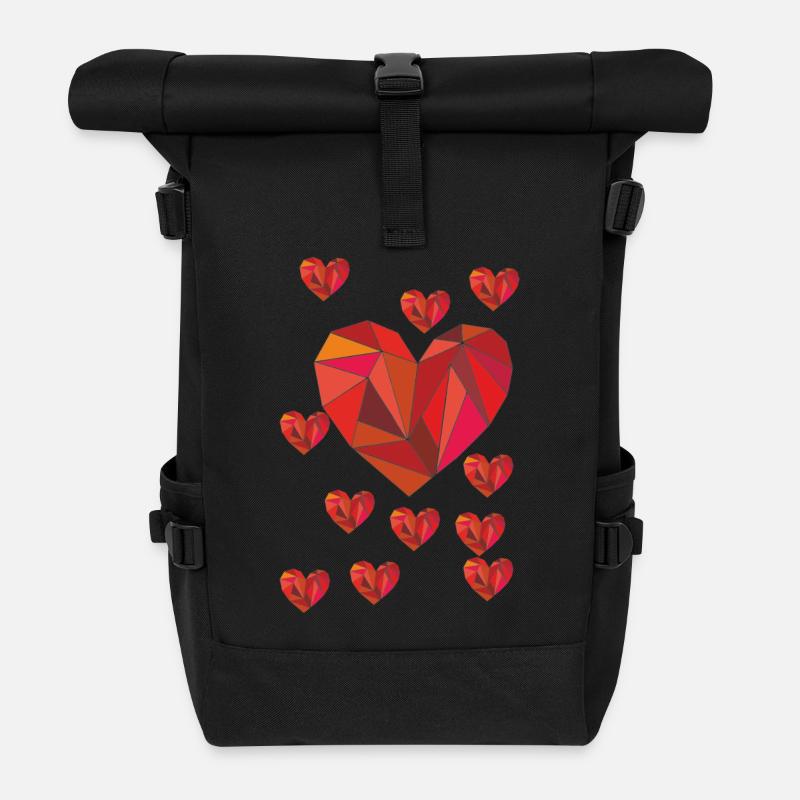 Geometrisches Herzensmuster in warmem Rot - Rolltop Rucksack - Schwarz