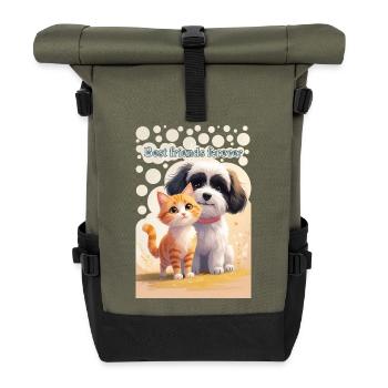 Hund und Katze Tierkinder Beste Freunde für immer - Rolltop Rucksack - Olive/Schwarz - Vorne