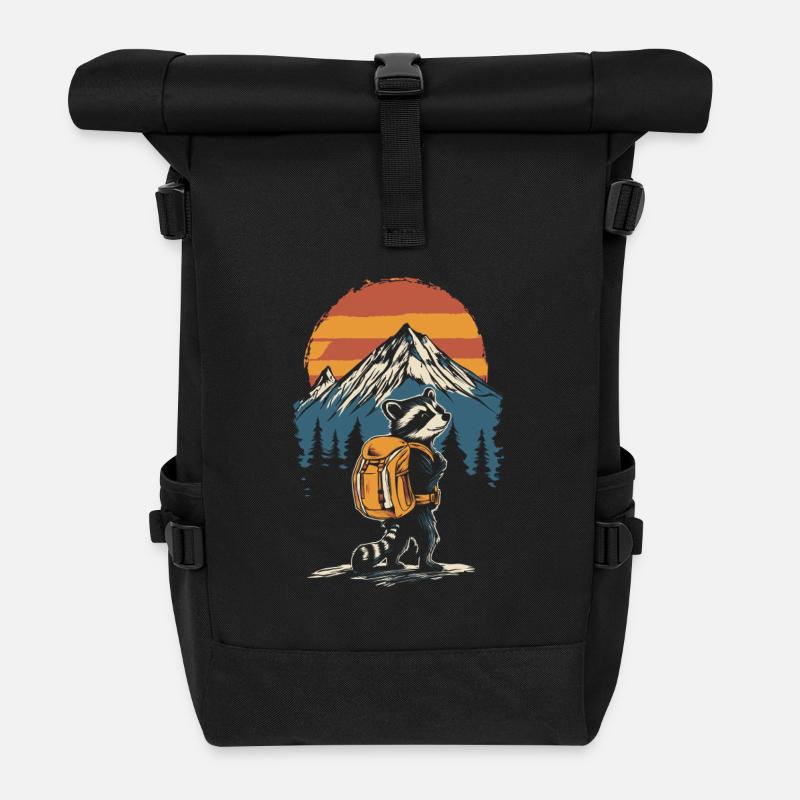 Waschbär Wandern Trekking - Rolltop Rucksack - Schwarz