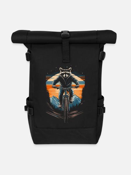 Waschbär fährt Mountainbike vintage - Rolltop Rucksack - Schwarz