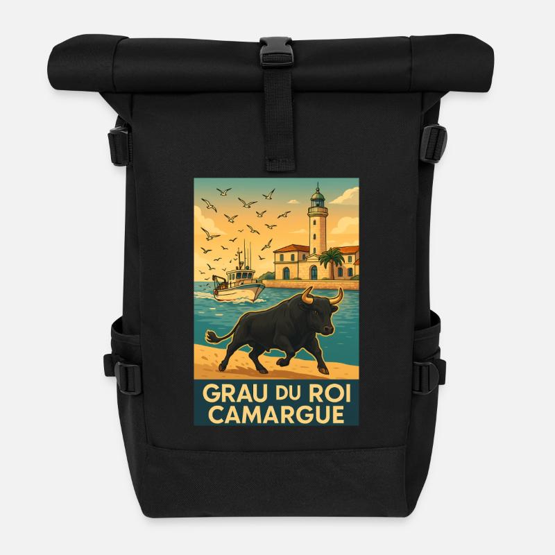 Taureau de Camargue Grau Du Roi au Soleil Levant - Sac à dos roll top - noir
