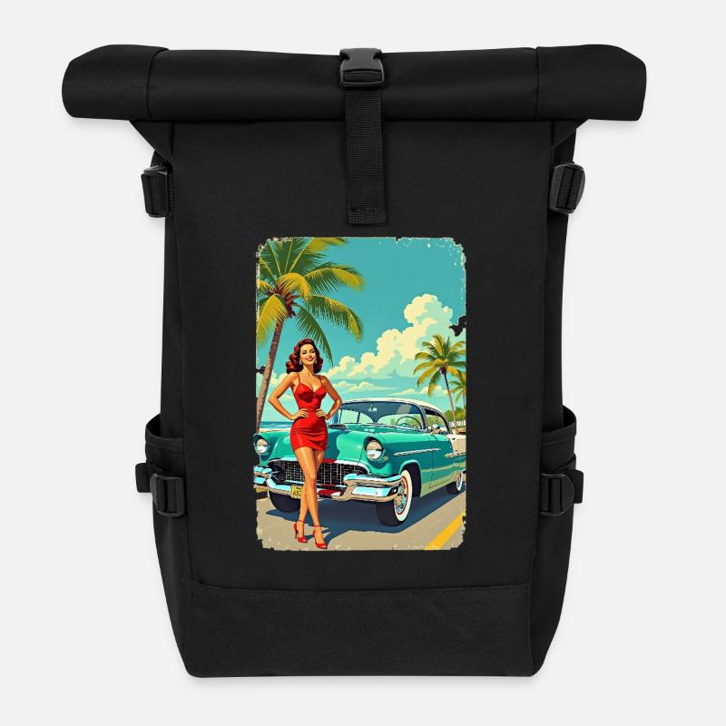 Retro Glamour & Muscle Car R01 - Roll Top Backpack - black