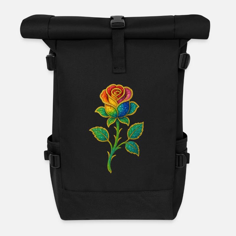 Regenbogen-Glitzer-Rosen-Design - Rolltop Rucksack - Schwarz