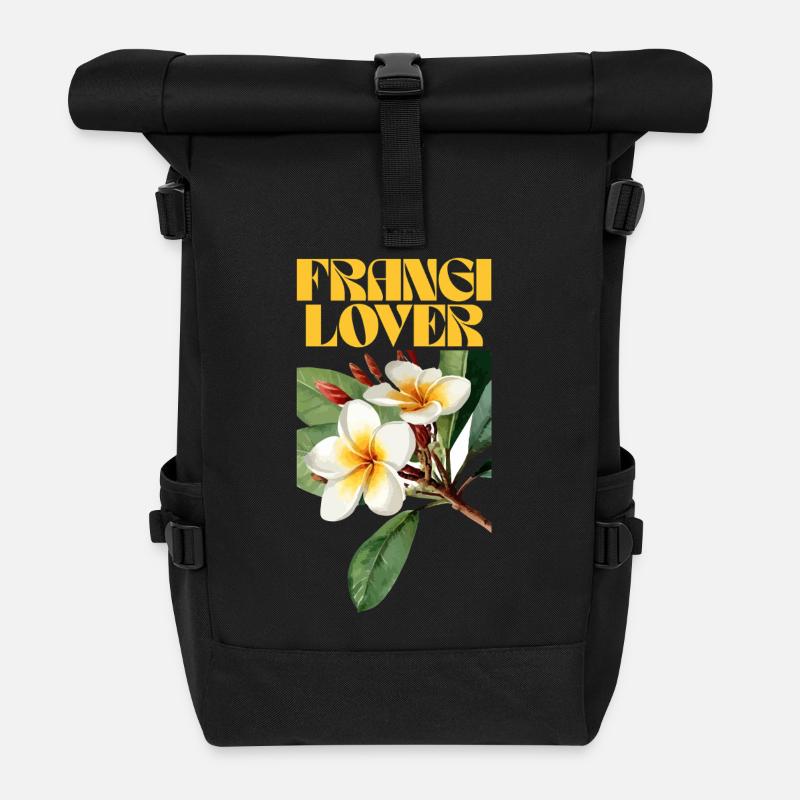 Frangipani Flower Botanical Design - Roll Top Backpack - black