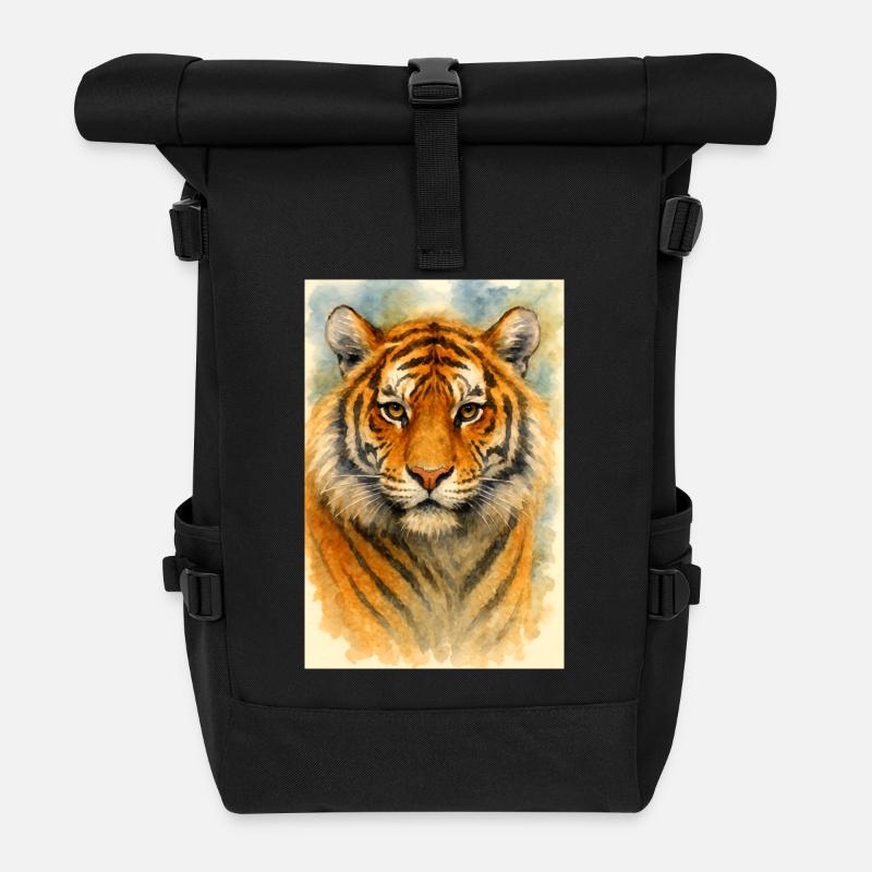 Aquarell Tiger Porträt - Rolltop Rucksack - Schwarz