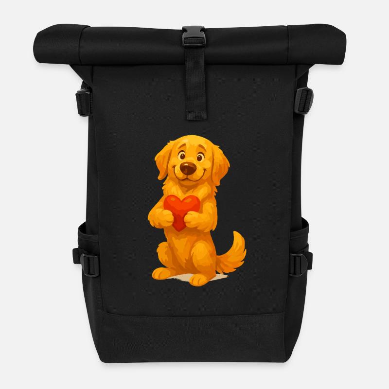 Golden Retriever Cartoon with Heart - Roll Top Backpack - black