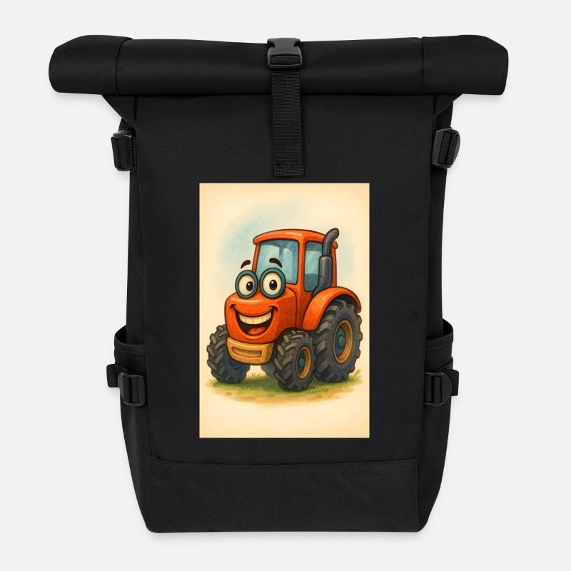 Happy tractor with face - Roll Top Backpack - black