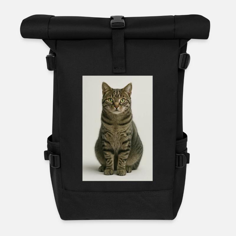 Sitzende getigerte Katzenporträt - Rolltop Rucksack - Schwarz