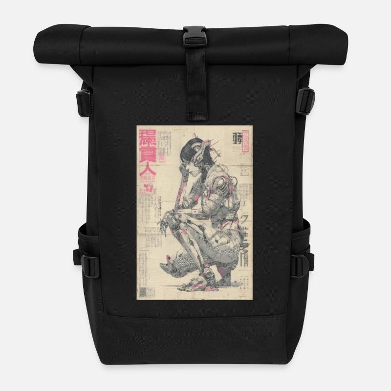 Mecha Ukiyoe Neon-Druck - Rolltop Rucksack - Schwarz