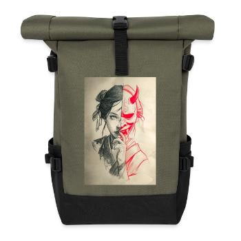 Dualitätsporträt: Frau und Oni - Rolltop Rucksack - Olive/Schwarz - Vorne