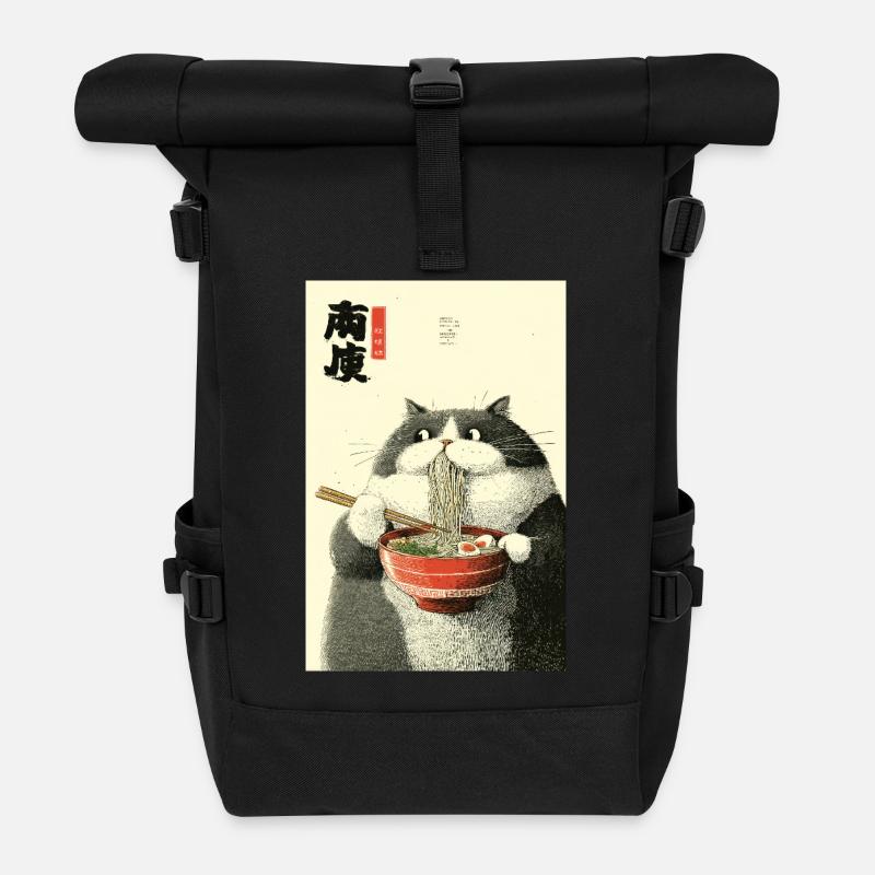 Mondbeschienene Katze schlürft Ramen - Rolltop Rucksack - Schwarz