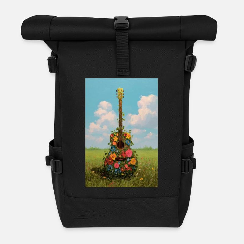 Blumengitarre in Meadow - Rolltop Rucksack - Schwarz