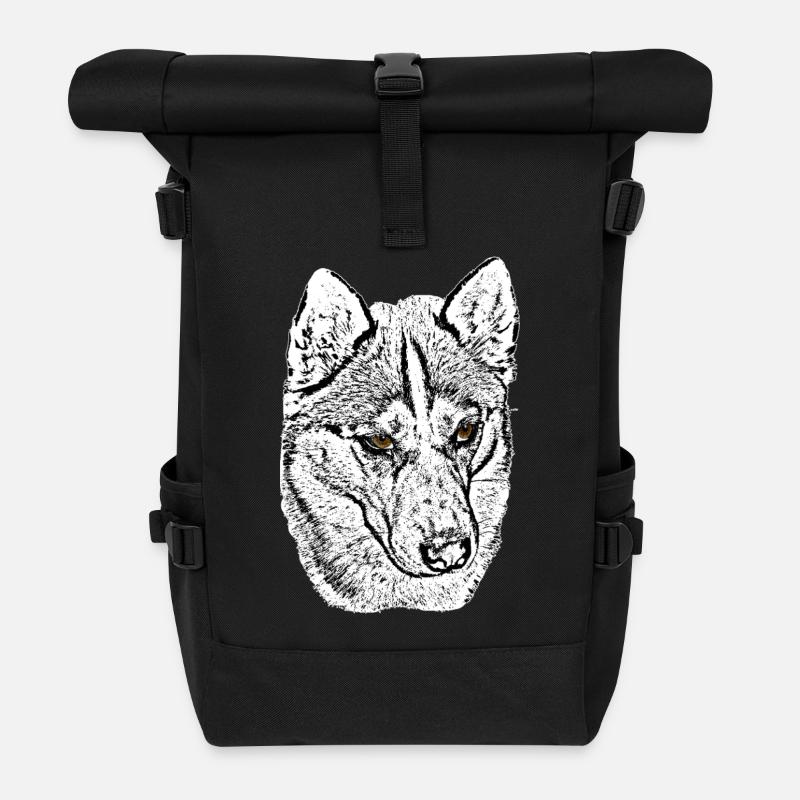 Wolfskopf Husky Linienzeichnung braune Augen - Rolltop Rucksack - Schwarz