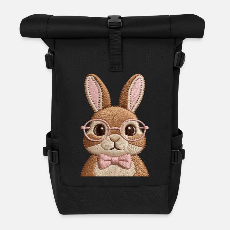 Süßer Osterhase mit Brille & Schleife – Stickoptik - Rolltop Rucksack - Schwarz