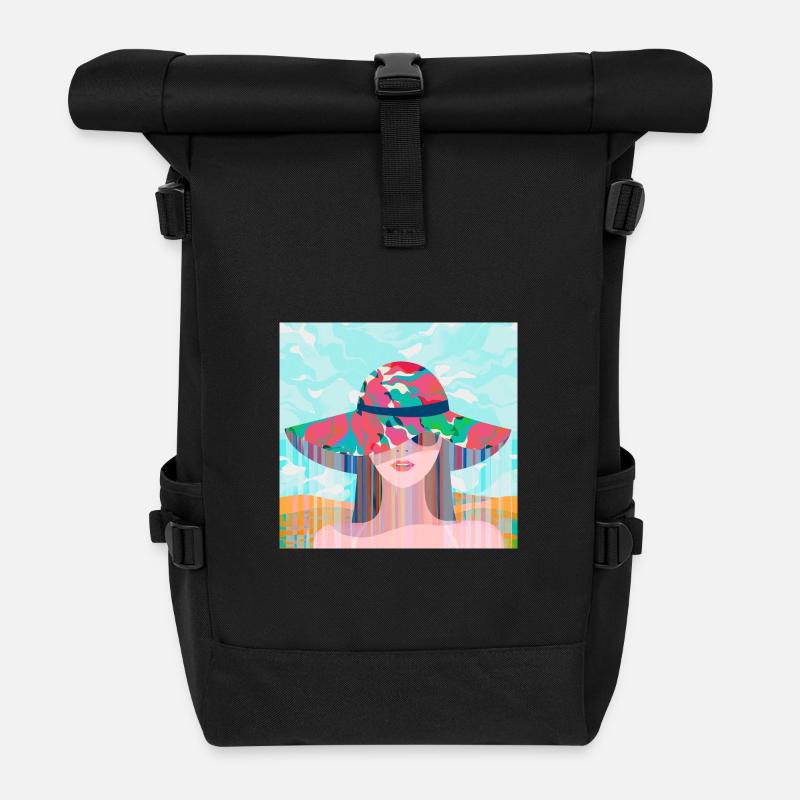 Frau mit psychedelischem farbigem Hut - Rolltop Rucksack - Schwarz