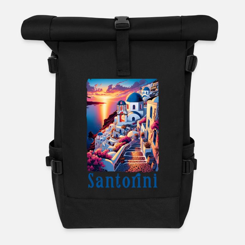 Santorini Greece Travel Greek Island - Roll Top Backpack - black