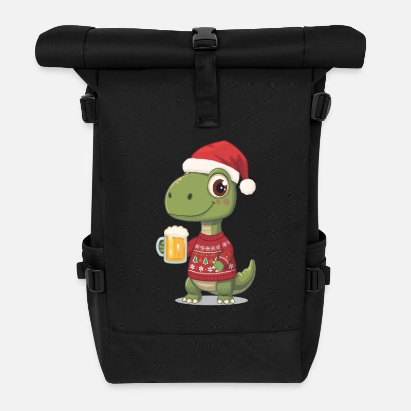 Dino Christmas Festive Sweater - Roll Top Backpack - black