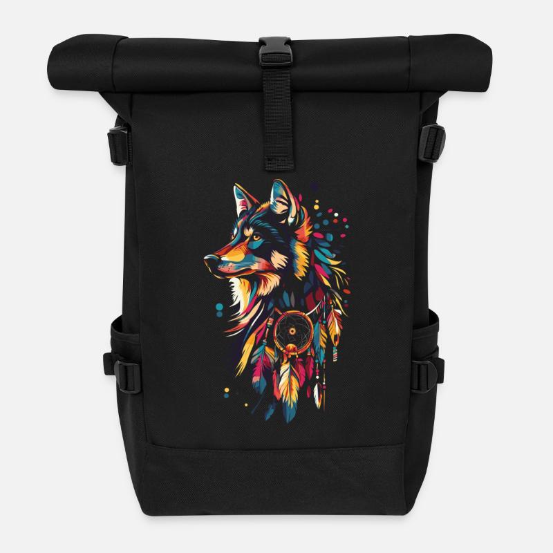 Wolf Traumfänger - Rolltop Rucksack - Schwarz