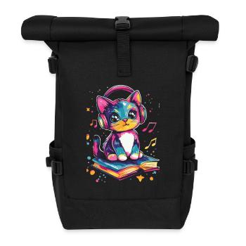 Cute cat with headphones and books - Roll Top Backpack - black - Front