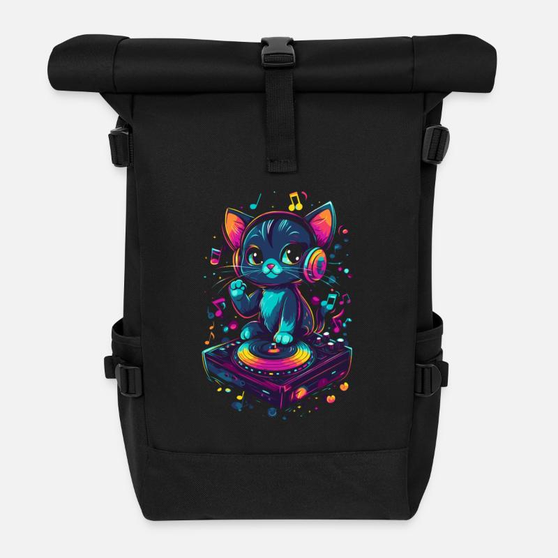 Süße Katze mit Kopfhörern und Vinyl Schallplatte - Rolltop Rucksack - Schwarz
