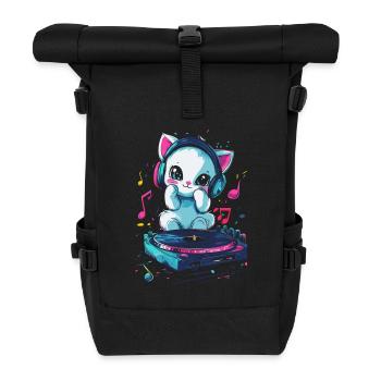 Chat mignon avec des écouteurs et un disque vinyle - Sac à dos roll top - noir - Devant