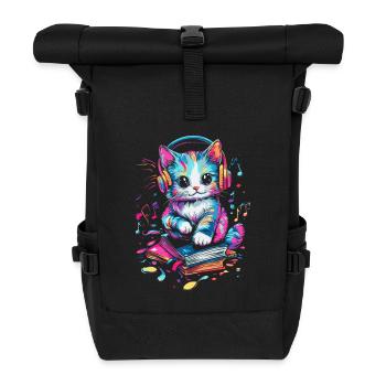 Cute cat with headphones and books - Roll Top Backpack - black - Front