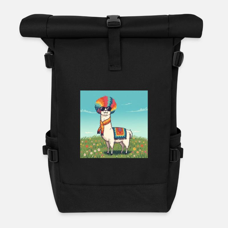 Funky Rainbow Llama - Roll Top Backpack - black