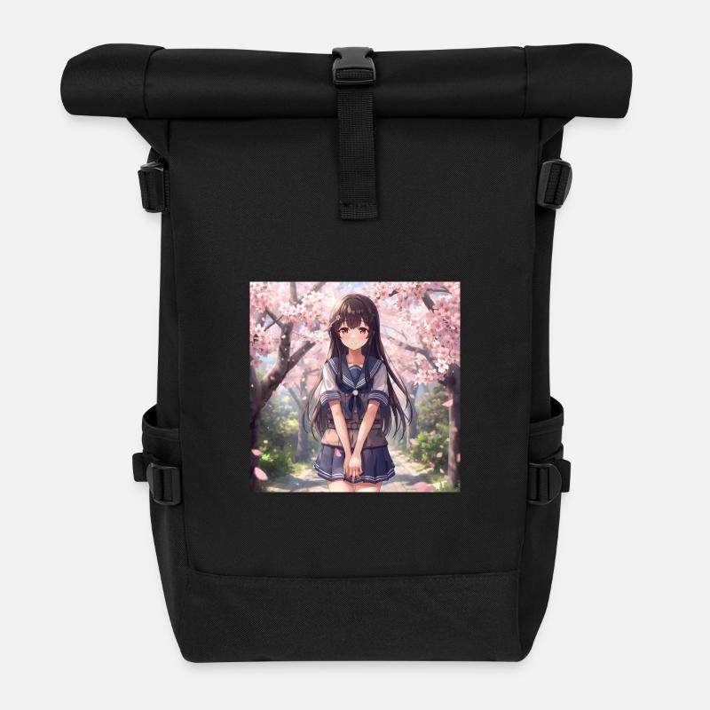 Kirschblüten Schulmädchen - Rolltop Rucksack - Schwarz