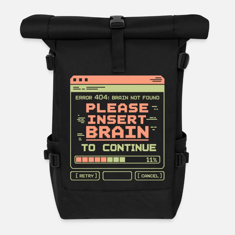 Error 404 Brain Not Found Pixel Design - Roll Top Backpack - black