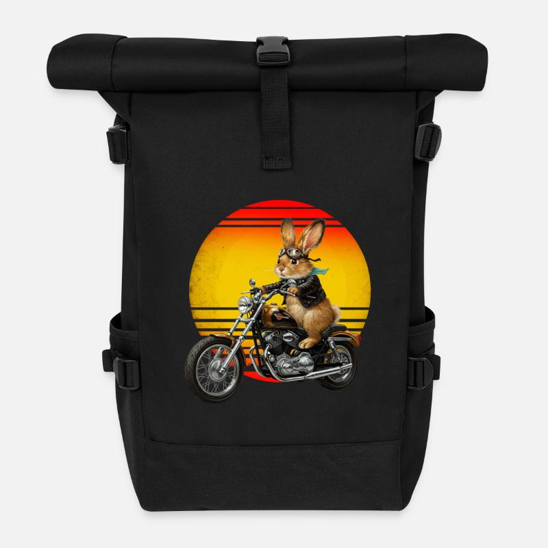 Un lapin sur une moto - Sac à dos roll top - noir