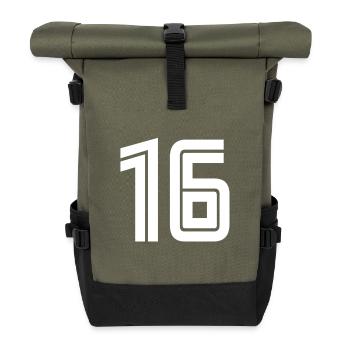 Trikotnummer 16 – Geschenk zum 16. Geburtstag - Rolltop Rucksack - Olive/Schwarz - Vorne