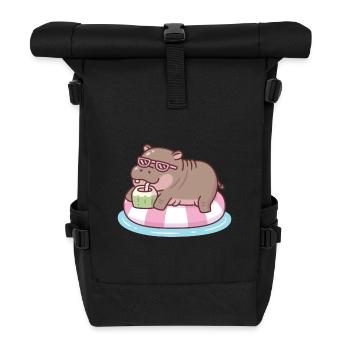 Cute Hippo Chilling On Pool Float Drinking Coconut - Roll Top Backpack - black - Front