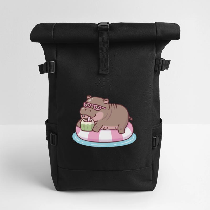 Cute Hippo Chilling On Pool Float Drinking Coconut Roll Top Backpack