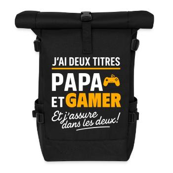 2 titres papa et gamer geek gaming cadeau humour - Sac à dos roll top - noir - Devant