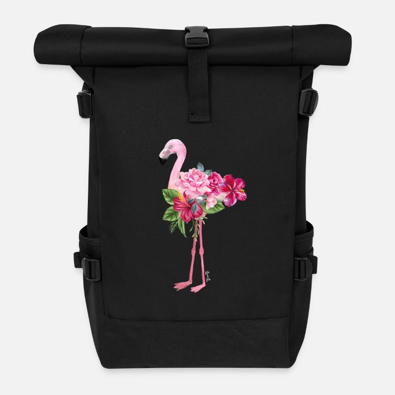 flamant rose avec des fleurs - Sac à dos roll top - noir