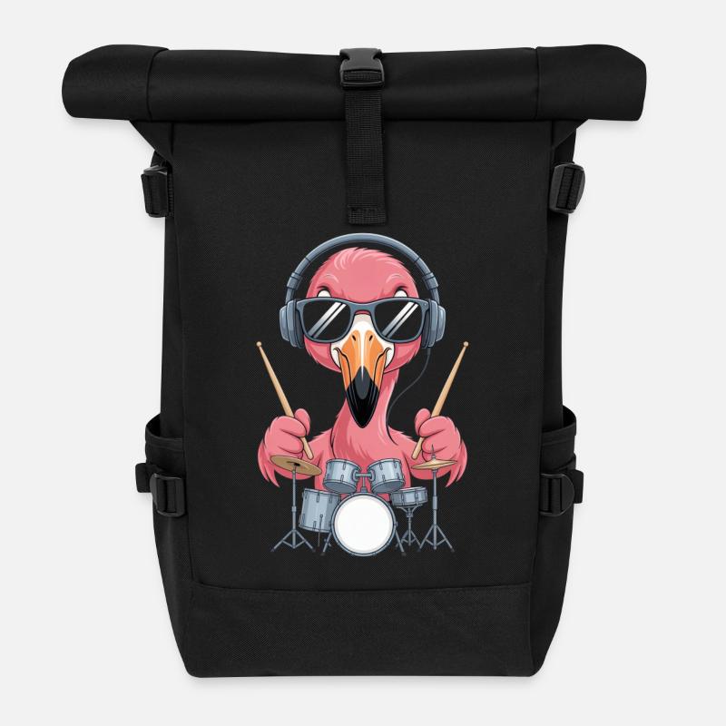 Flamingo Schlagzeuger Mit Kopfhörern - Rolltop Rucksack - Schwarz