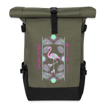 Roulez avec ça, flamant rose - Sac à dos roll top - olive/noir - Devant