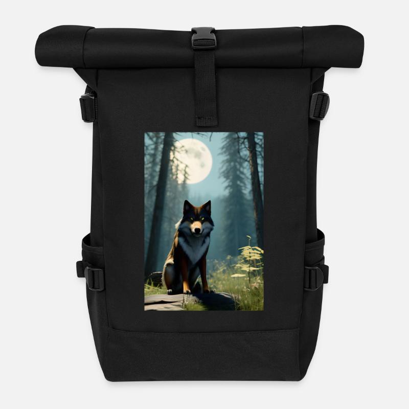 Wolf und Mond - Rolltop Rucksack - Schwarz