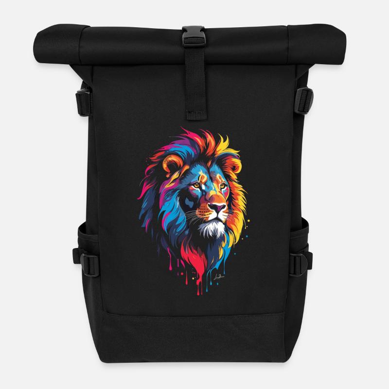 Bunter mehrfarbiger Löwe - Rolltop Rucksack - Schwarz