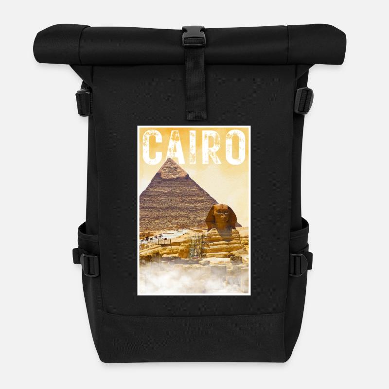 Kairo Vintage Reiseposter mit Pyramide und Sphinx - Rolltop Rucksack - Schwarz
