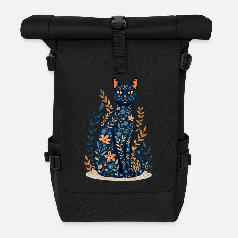 Blumige Katze - Rolltop Rucksack - Schwarz