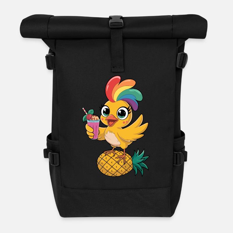 Cute Tropical Chicken with Rainbow Feathers - Roll Top Backpack - black
