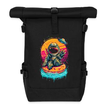 Floating Astronaut with Donut Ring – Neon Space Su - Roll Top Backpack - black - Front