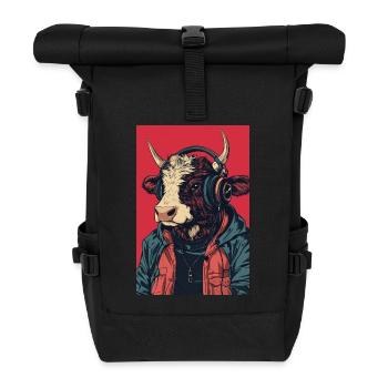 Hipster Kuh mit Kopfhörern - Rolltop Rucksack - Schwarz - Vorne