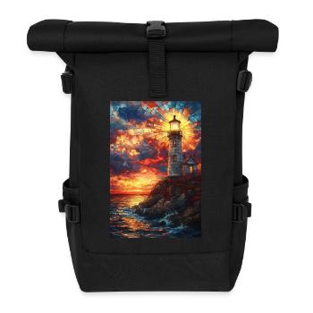 Buntglas-Leuchtturm Sonnenuntergang - Rolltop Rucksack - Schwarz - Vorne