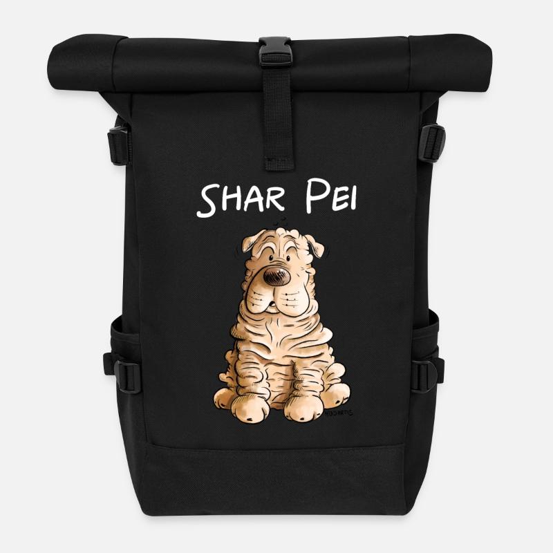 Happy Shar Pei I Folding Dog I Dog - Roll Top Backpack - black
