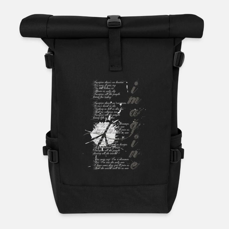imagine - grafisches Peace-Zeichen und Lied-Text - Rolltop Rucksack - Schwarz