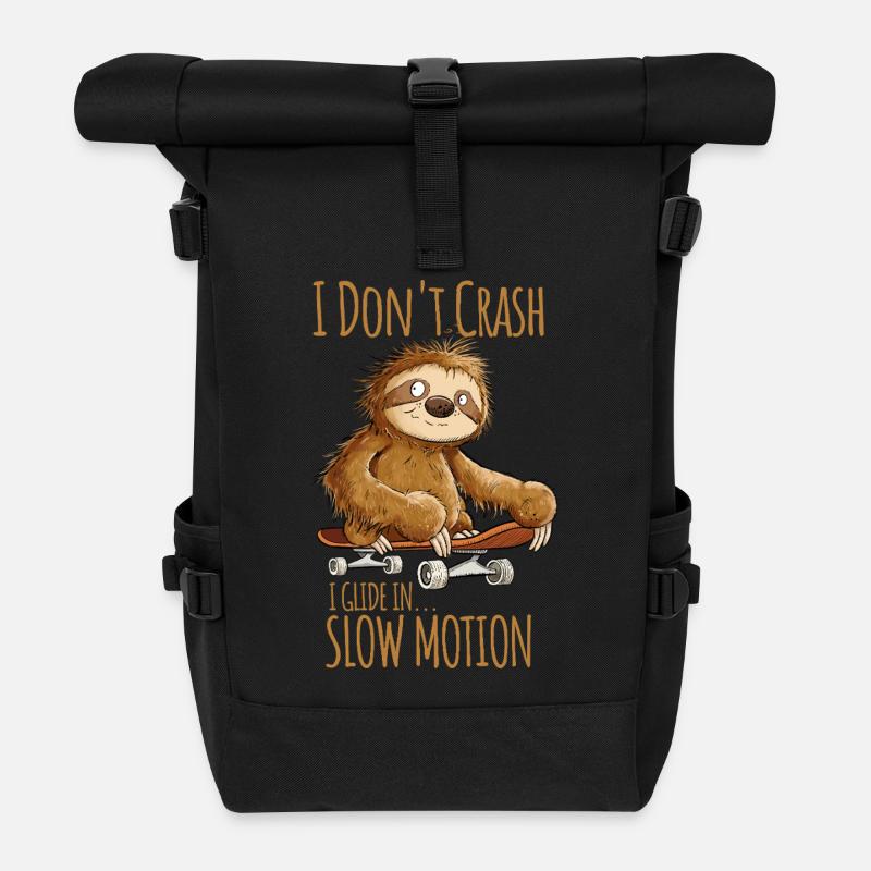 Faultier Mit Skateboard Spruch I Don't Crash - Rolltop Rucksack - Schwarz