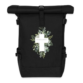 Cadeau de confirmation – Motif de croix florale - Sac à dos roll top - noir - Devant